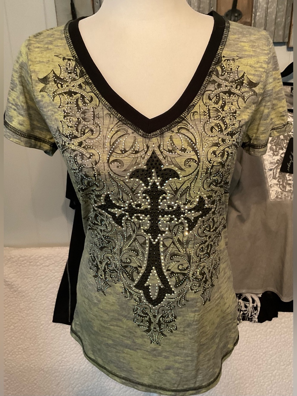 Vocal Olive Green and Black V-Neck Tee with Rhinestone Cross